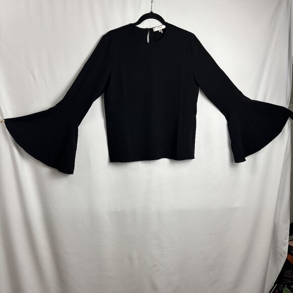 Frame S Flare Flutter Bell Long Sleeve Black Crew Neck Keyhole Back Blouse Top - Picture 1 of 10